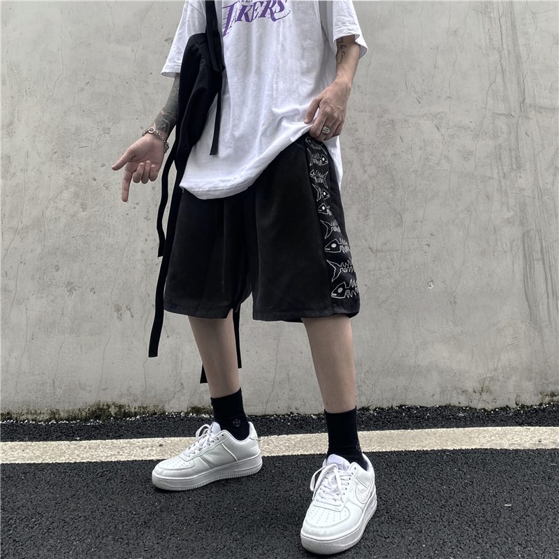 Quần short nam unisex ống rộng FISH siêu hot 2021, quần đùi nam mặc nhà màu đen, xám Hàn Quốc
