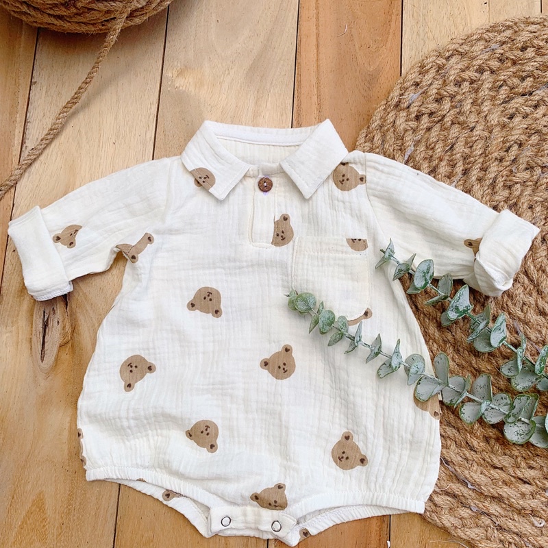 Body xô muslin gấu có cổ dài tay cho bé