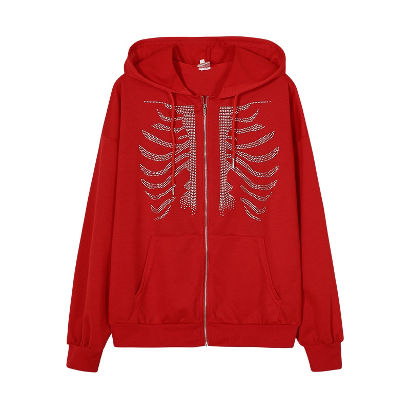 Zip Up Gothic Áo khoác đen y2k Phụ nữ Rhinestone Skull Thường Áo khoác ngoại cỡ Punk E-girl Harajuku Dài tay Áo khoác ngoài