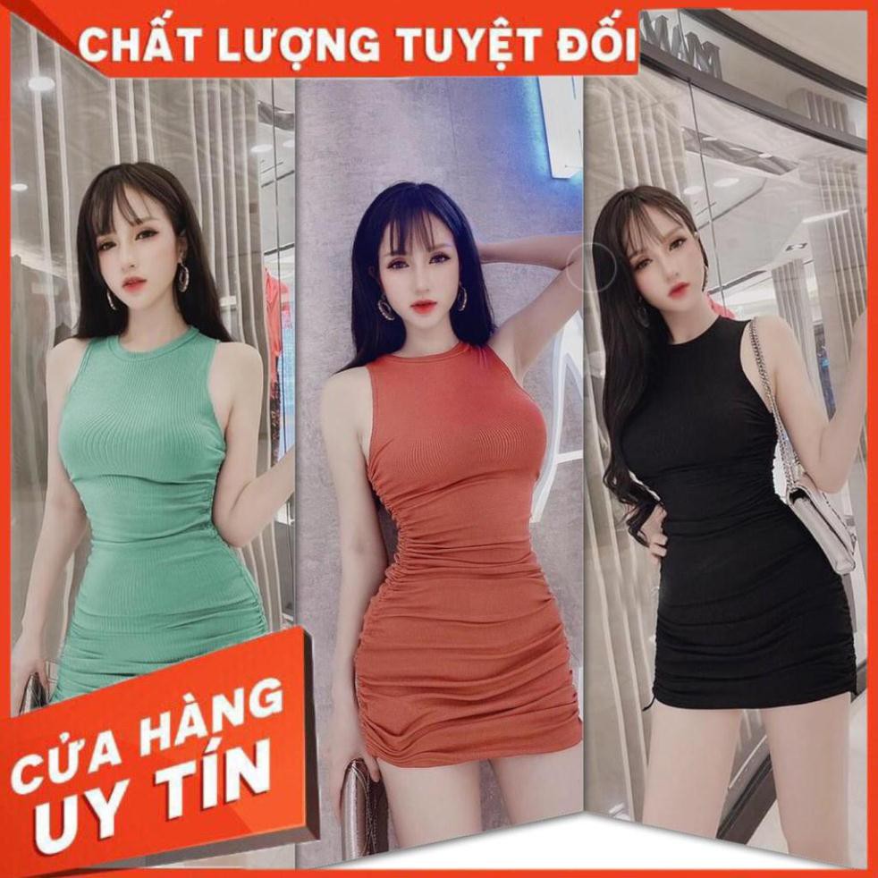 [SANG TRỌNG] -  Đầm Body Sát Nách Dây Rút Sườn Hàng VNXK (CAM+XANH+ĐEN)