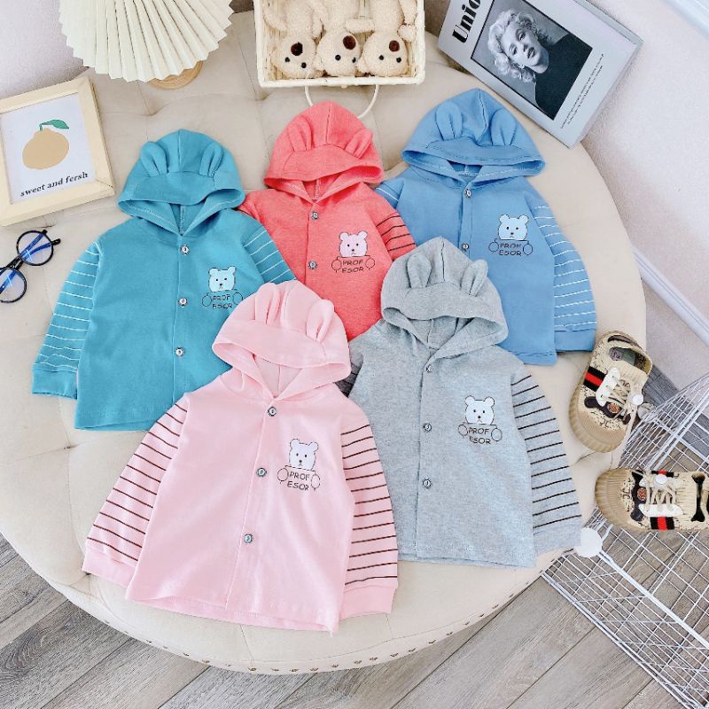 Áo Khoác Sơ Sinh Có Mũ Tai Thỏ, Tay Sọc Vải Cotton 3-8kg