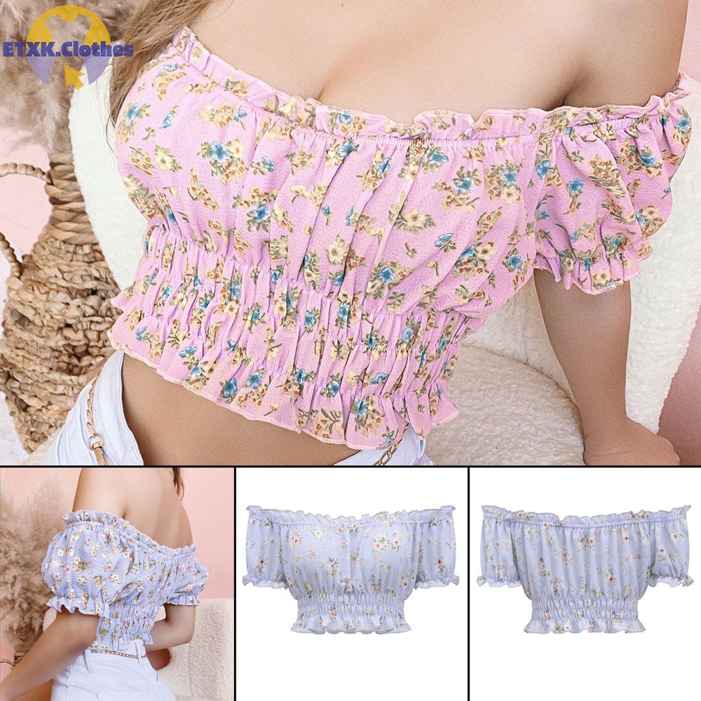 Áo Thun Cổ Chữ V Tay Ngắn Hở Vai Dáng Rộng In Họa Tiết Hoa Thoải Mái Cho Nữ