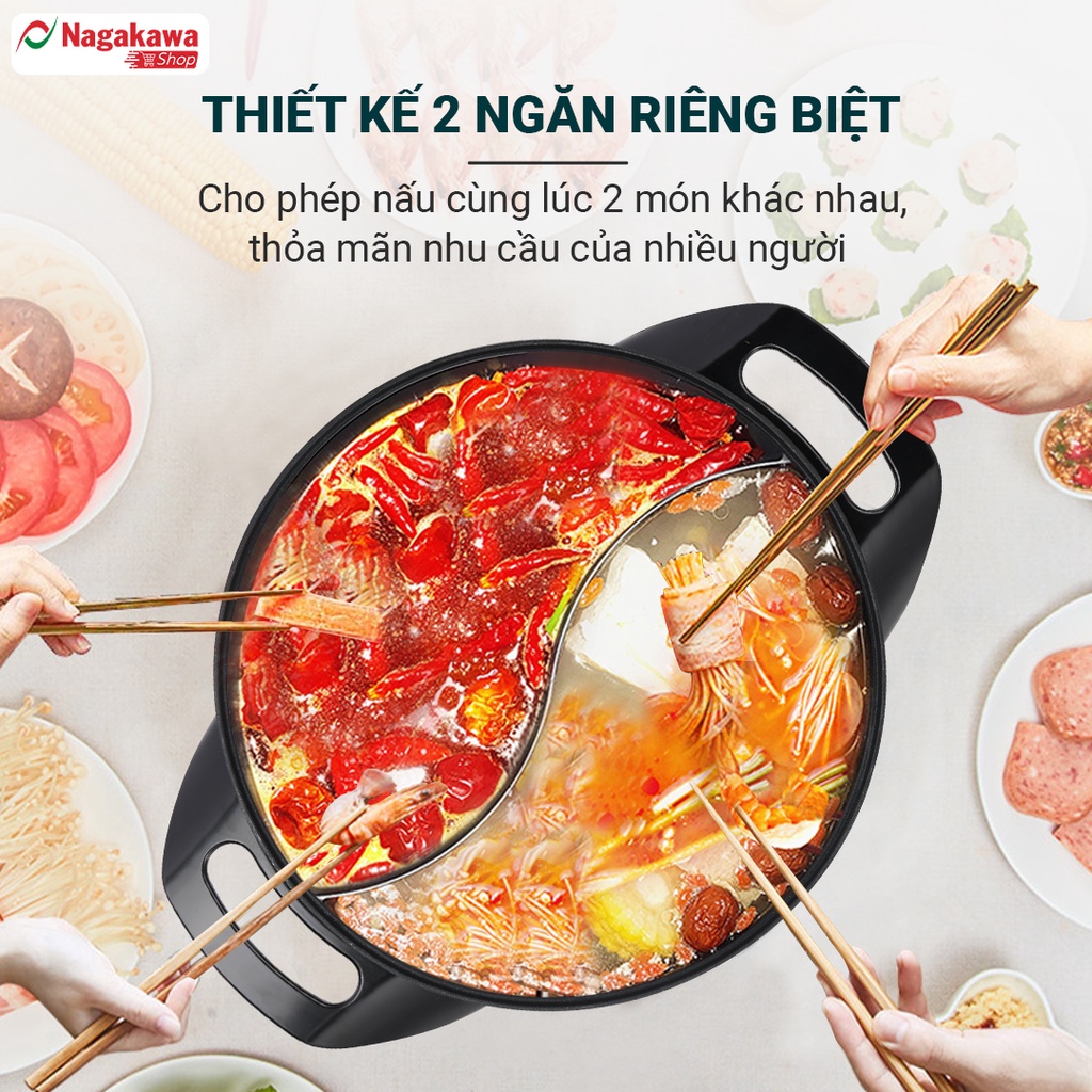 Nồi lẩu nướng điện 2 ngăn đa năng Nagakawa NAG1905 (5L) - Lòng nồi nguyên khối - 5 mức điều chỉnh - Bảo hành 12 tháng