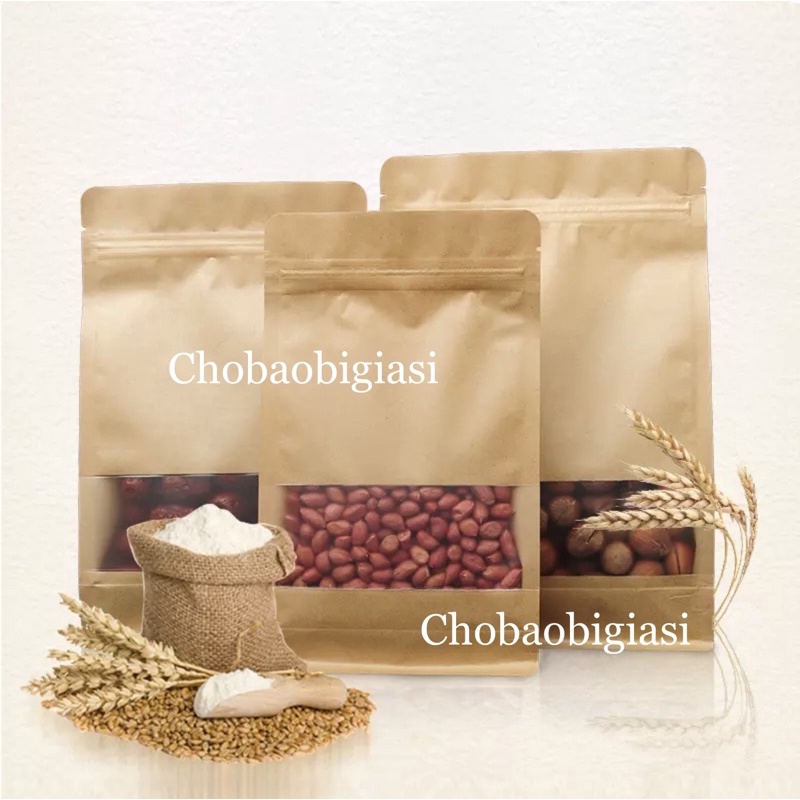 {1kg/ size} Túi zipper giấy Kraft Vàng 8 CẠNH đáy đứng cửa sổ tràn CÁN MÀNG-CHỐNG THẤM NƯỚC (có sẵn 6 size - sp y hình)