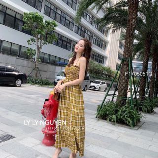 Đầm maxi caro nhúm ngực dây cổ yếm!