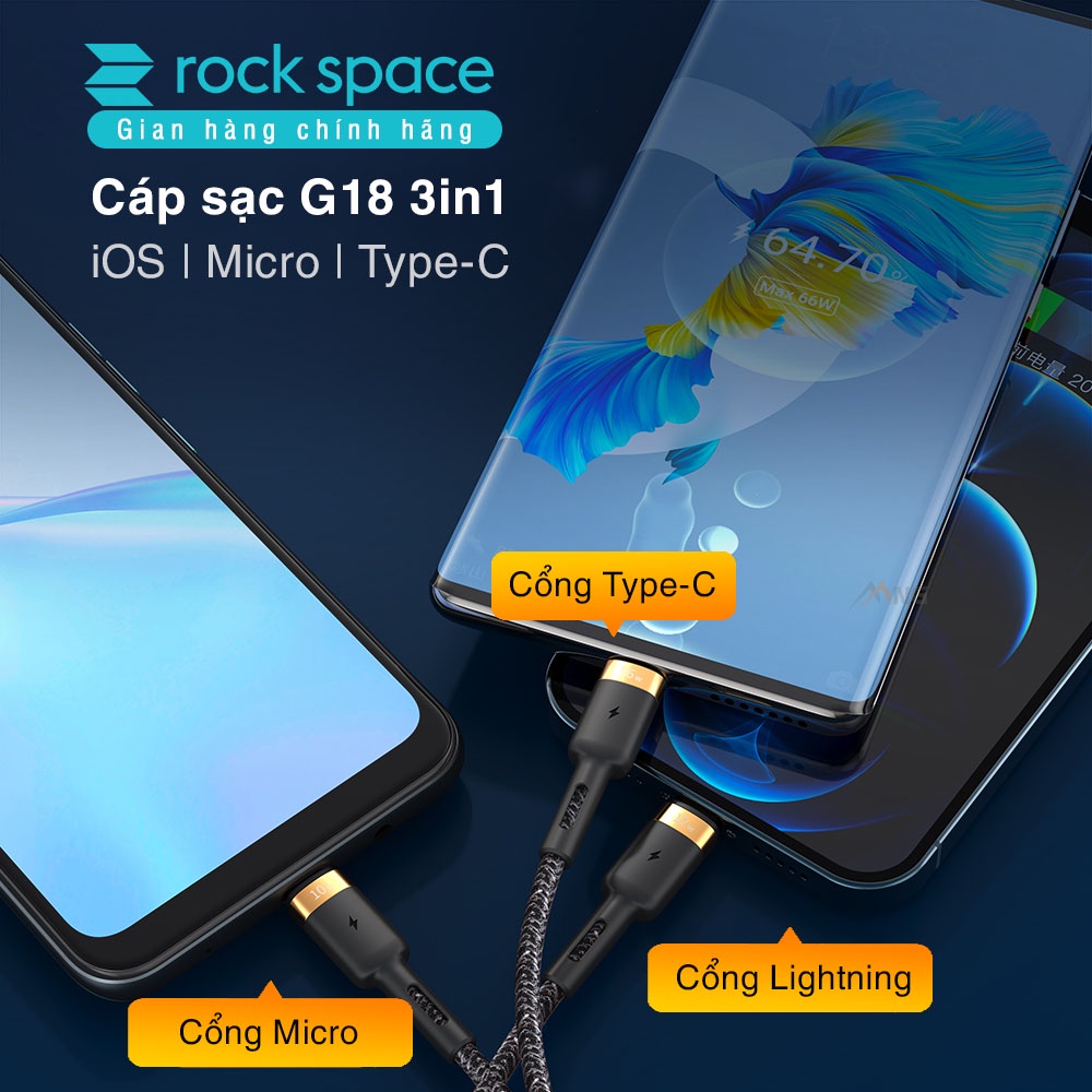 Dây cáp sạc nhanh chính hãng ba đầu Rockspace G18  dây dù, sạc 3 thiết bị cùng lúc, BH 12 tháng