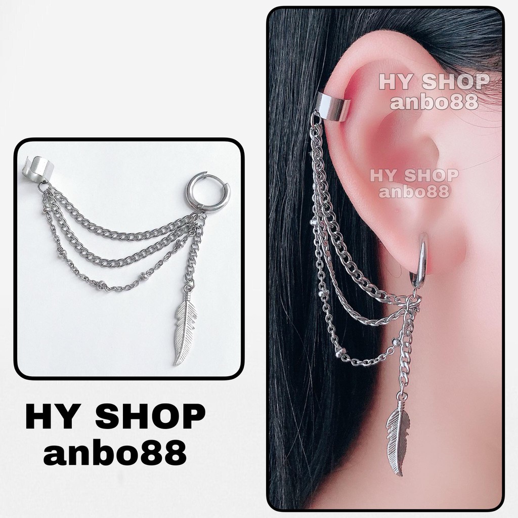 hoa tai khuyên tai giống BTS V kéo sợi 3 xích chiếc lá- khuyên titan nam nữ unisex BTS không gỉ