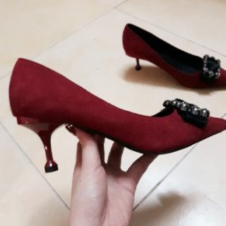 (WS2906 giảm 12% max 25k) Giày cao gót đỏ đô nơ đen