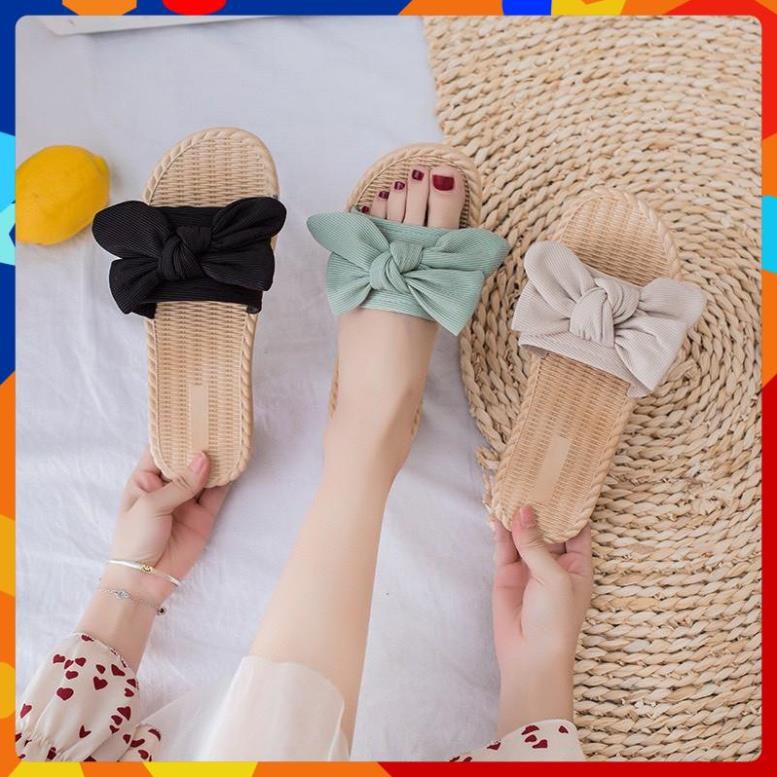 Dép cói, Dép nữ giả Cóii nữ đính nơ họa tiết xinh xắn dễ thương đế nhựa dẻo 2 lớp