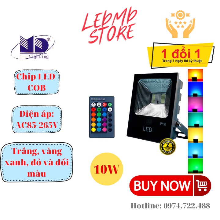 Đèn pha LED 10W ánh sáng đơn màu, đổi màu, chống nước, có thể dùng ngoài trời, lắp đặt sân vườn, sân bóng, chiếu biển