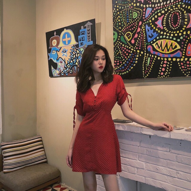 Đầm bi đỏ xoè tôn dáng cực xinh / Kèm ảnh thật