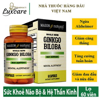 MASON NATURAL GINKGO BILOBA - Hỗ Trợ Sức Khoẻ Não Bộ, Hệ Thần Kinh (Lọ 60 viên)