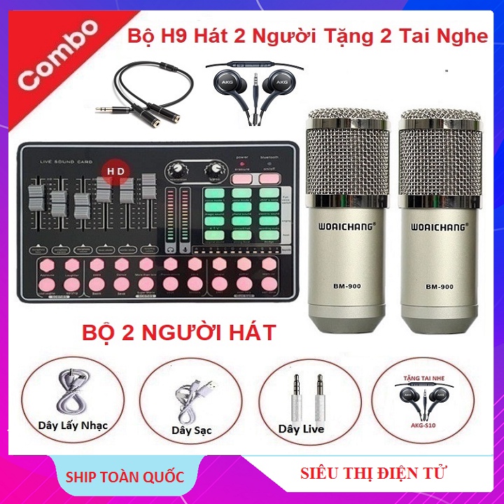 Bộ H9, 2 Người Hát Song Ca - Combo Micro BM 900 Sound Card H9 - Tặng 2 Tai Nghe AKG -S10 Bảo Hành 6 Tháng