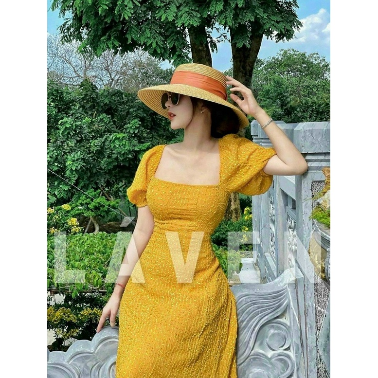 (Ưu Đãi Freeship)Đầm thiết kế dáng dài,đầm nữ cổ vuông tay phồng rút dây sau lưng,chất xốp chỉ 3 lớp không lộ mút