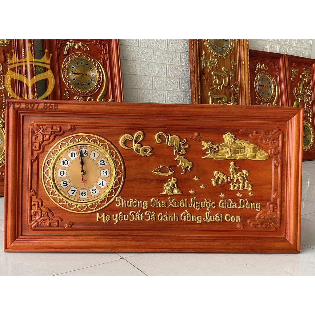 Tranh Đồng Hồ Gỗ Hương Thếp Vàng kích thước 41cm x 81cm