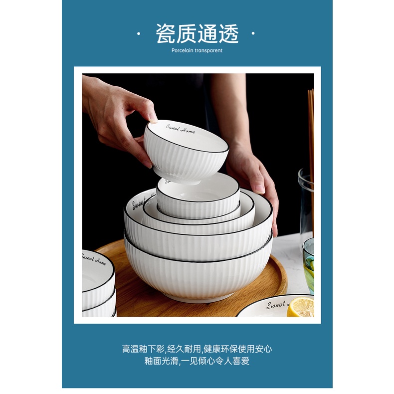 BỘ BÁT ĐĨA SỨ GOSU MÀU TRẮNG VIỀN ĐEN CHẤT LIỆU GỐM SỨ CAO CẤP SÁNG MỊN ĐẸP