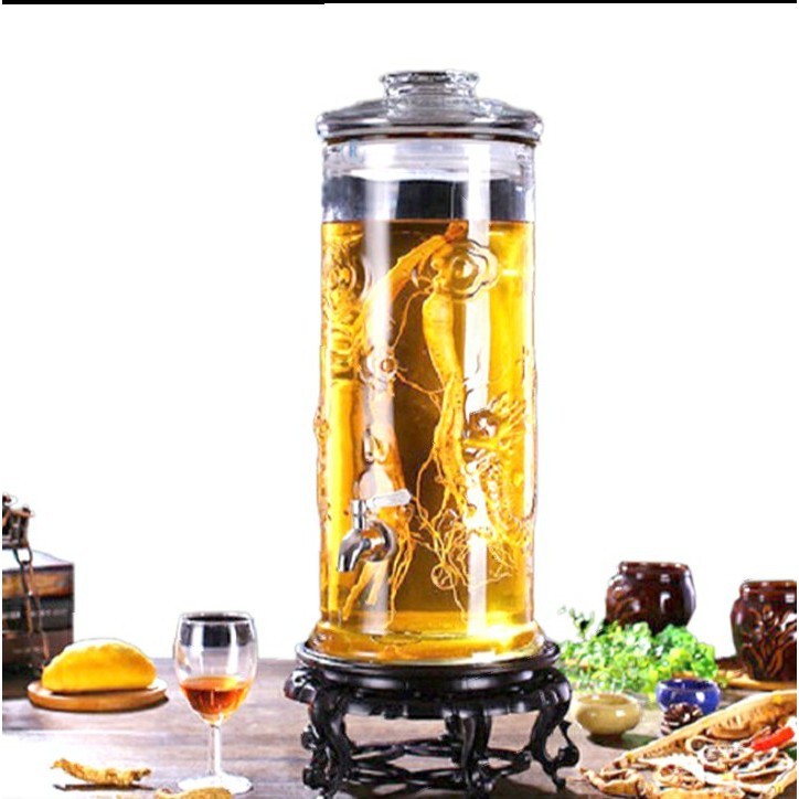 Bình ngâm rượu thủy tinh 8 lít dáng trụ hoa văn rồng - Có van &amp; không van