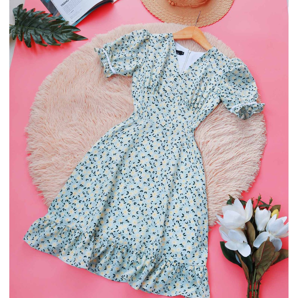 Đầm hoa nhí nữ xanh thiết kế dễ thương dáng xòe tay ngắn mềm mát cho chân ngắn thả dáng đầm thời trang công sở dạo phố