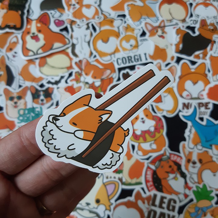 Bộ Sticker dán cao cấp chủ đề CHÚ CHÓ CORGI - Dùng dán Xe, dán mũ bảo hiểm, dán Laptop...