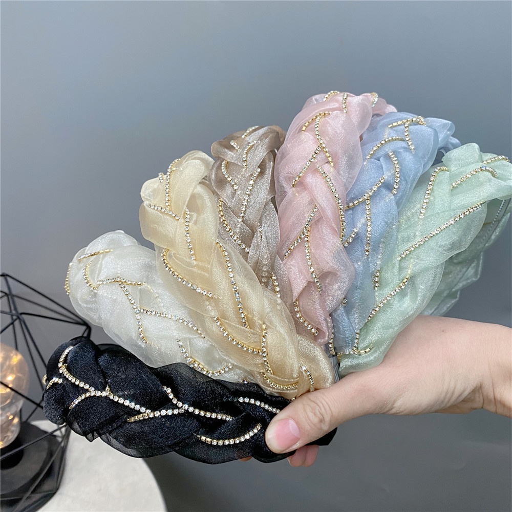 Băng Đô Vải Organza Đính Đá Phối Dây Xích Ba Chiều Thời Trang
