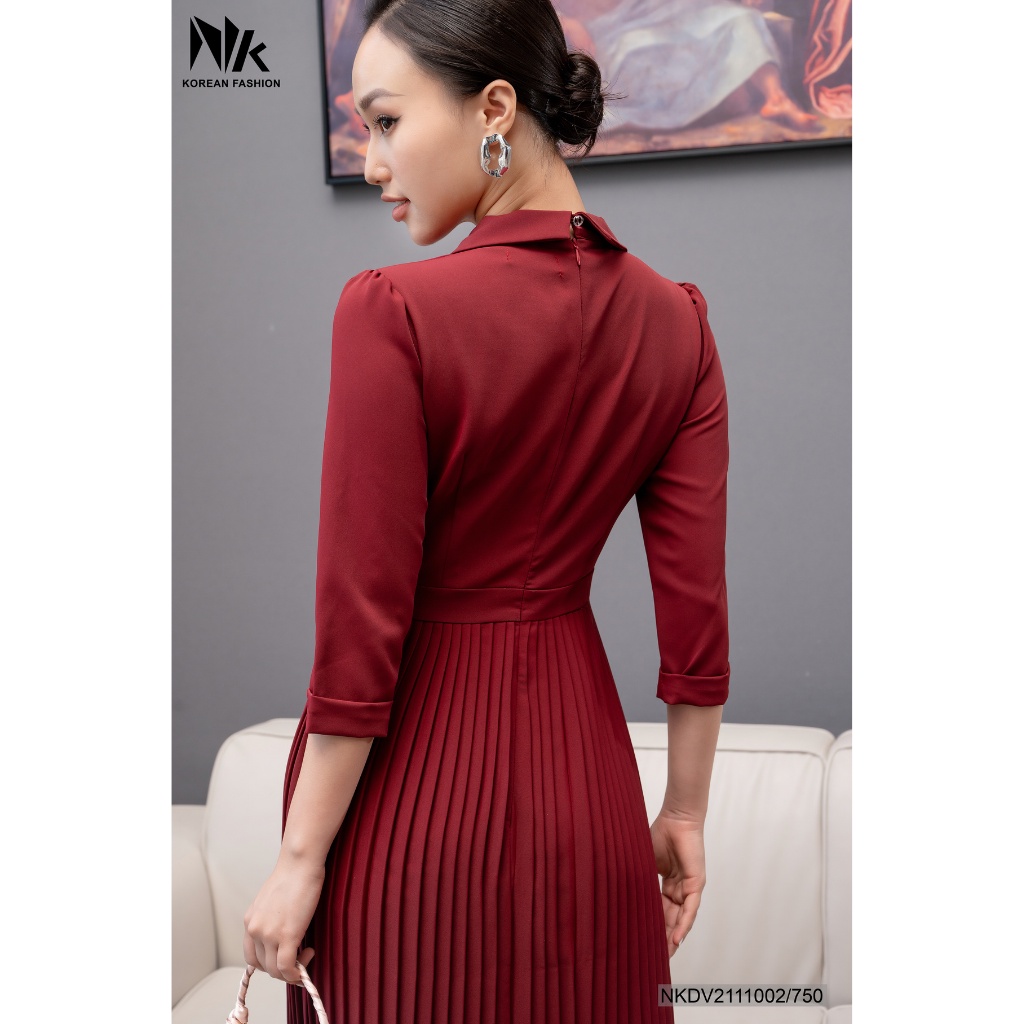 Váy Xếp Ly Dáng Dài Nữ NK Fashion Thiết Kế Cổ Vest Liền Tay Lỡ Có Lớp Lót Chất Vải Hàn Nhập Cao Cấp NKDV2110002