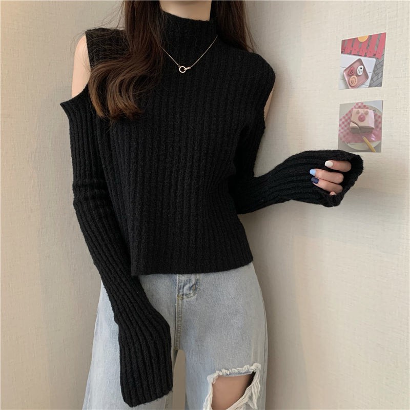 phiên bản thu đông Hàn Quốc cổ cao nửa nhỏ lệch vai kết hợp tất cả áo len nữ dài tay cạp ngắn