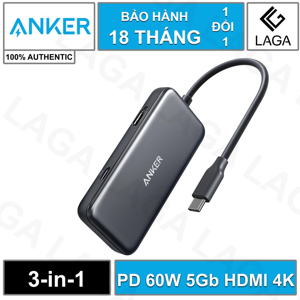 [Freeship toàn quốc từ 50k] Bộ Chia Cổng ANKER 3-in-1 Premium USB Type C Hub Power Delivery PD 60W 5Gbps HDMI 4K - A8335