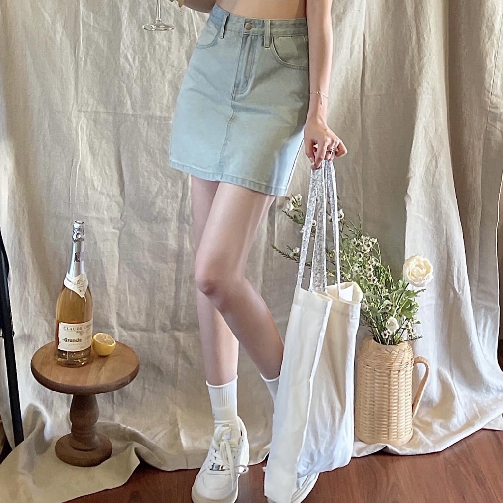 Chân Váy Jean Chữ A Thêu Hoa Lưng Cạp Cao Màu Sáng Thời Thượng Phù Hợp Đi Chơi Chân Váy Bò Denim  Chữ A  Cv25701
