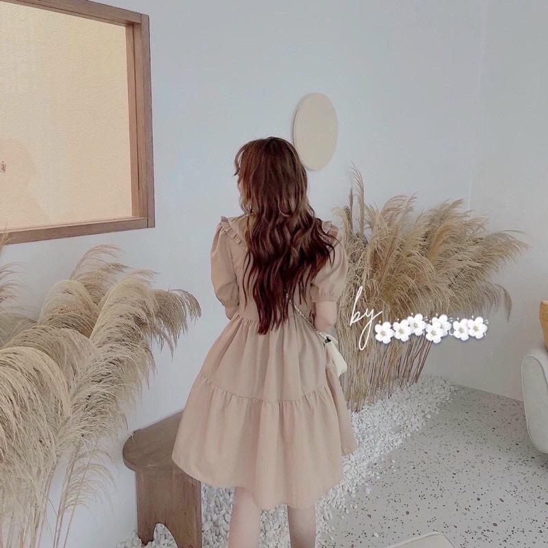 Đầm váy babydoll cổ bèo 2 màu kem đậm kem nhạt kèm ảnh thật shop chụp