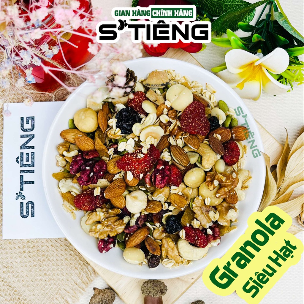 500Gr GRANOLA 13 Loại Siêu Hạt &amp; Quả Sấy STIENG, Hạt Dinh Dưỡng Ngủ Cốc Ăn Kiêng, Dâu Tây, Óc Chó Đỏ, Macca, Hạt Điều