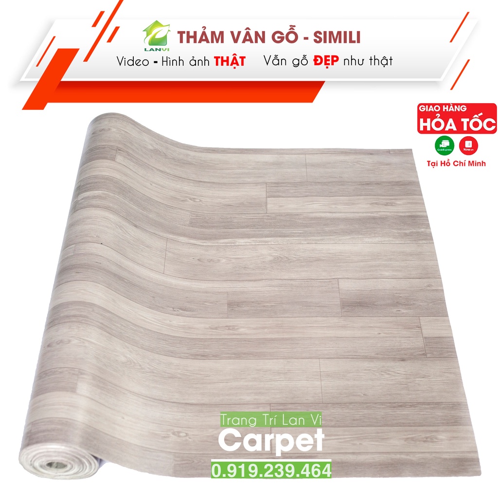 Thảm trải sàn simili, thảm lót sàn giả gỗ xám trắng chống nước nền nhựa pvc nhám khổ 1m