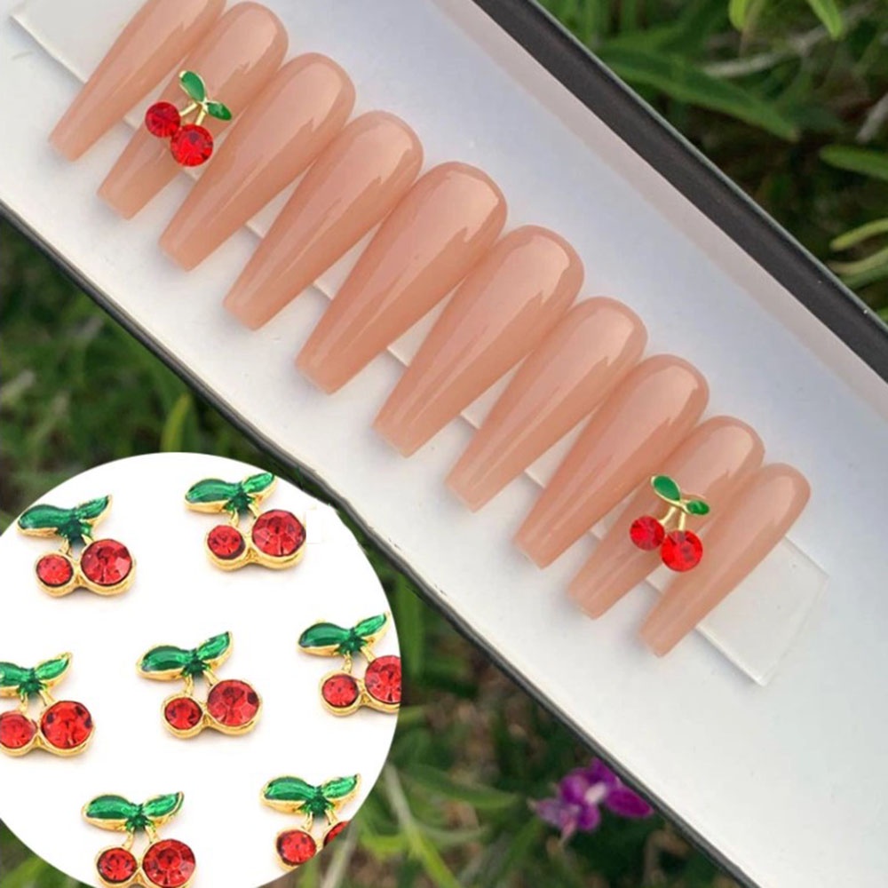 [Hàng mới về] Set 10 miếng dán trang trí móng tay hình quả cherry 3d bằng hợp kim nhiều màu sang trọng sành điệu