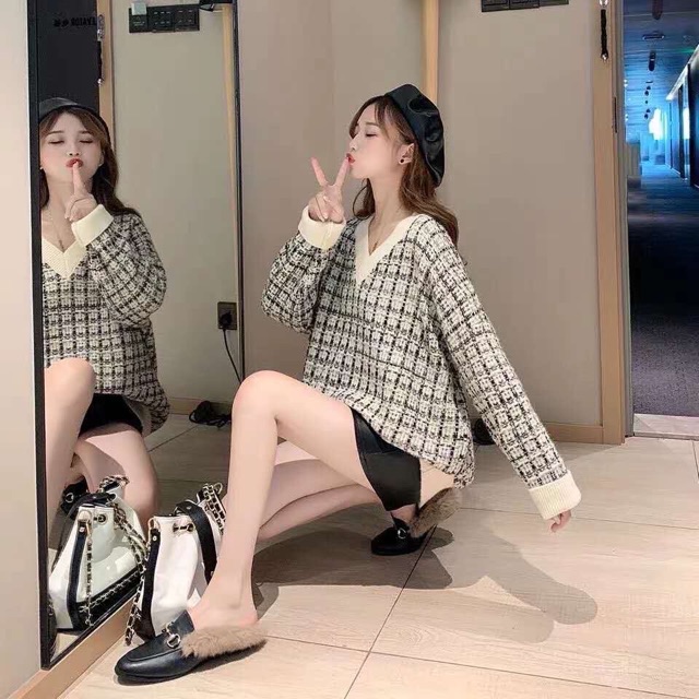 Áo len dệt kim tuyến cổ tim về 3 màu chuẩn hình