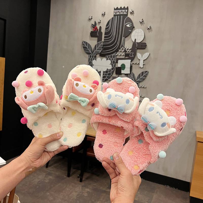 St1 Sanrio mymelody Kuromi Cinnamon Pompom Purin Đế Mềm Giữ Ấm Mùa Thu Đông Họa Tiết Chấm Bi