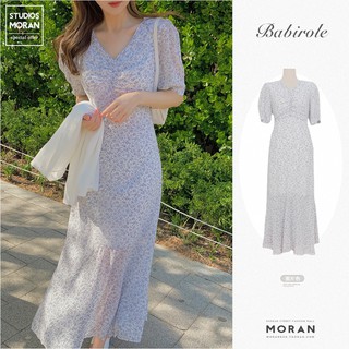 (ORDER) Váy MORAN voan hoa nhí màu xanh cổ V nhún ngực phối viền đuôi cá nhẹ nhàng vintage Hàn Quốc tiểu thư