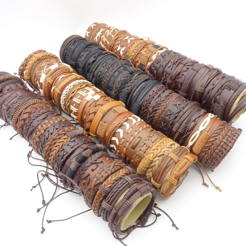 Set 10 Vòng Tay Handmade Bằng Da Màu Đen / Nâu Thời Trang Cho Nam Và Nữ