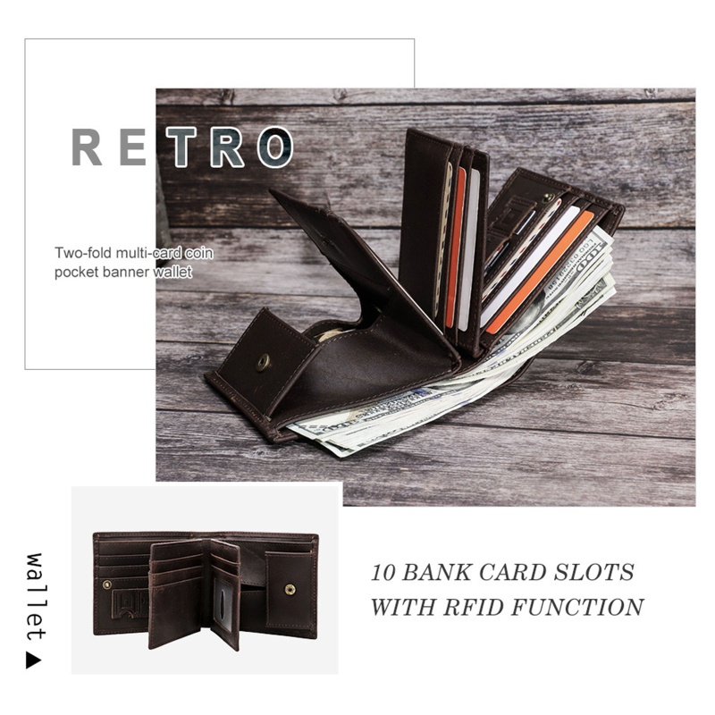 Youyo Ví Ngắn Gập Ba Bằng Da Bò Có Ngăn Đựng Thẻ Tín Dụng RFID Chống Trộm Vintage Cho Nam
