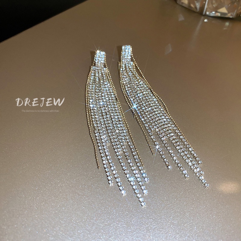 DREJEW Bông Tai Mạ Bạc Dáng Dài Đính Kim Cương Giả Phong Cách Âu Mỹ