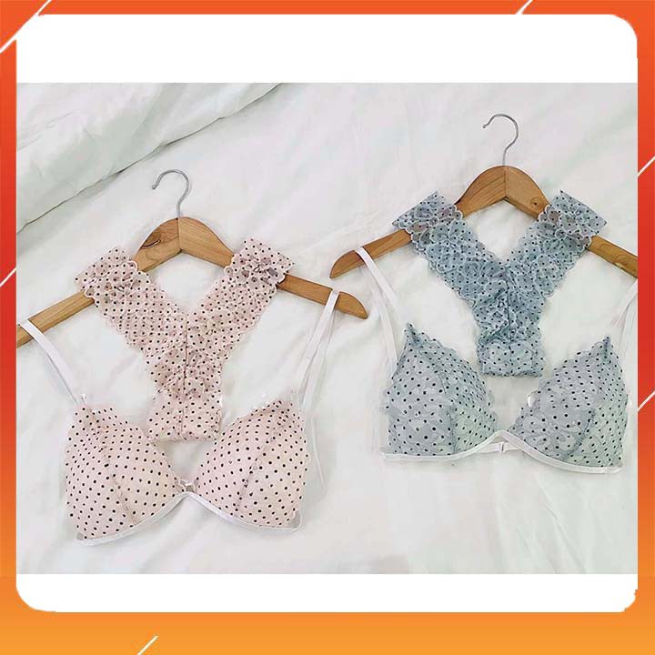🌺 RẺ NHẤT SHOPEE 🌺 Bộ đồ lót ren không gọng có mút chấm bi 2 màu xanh và hồng nude