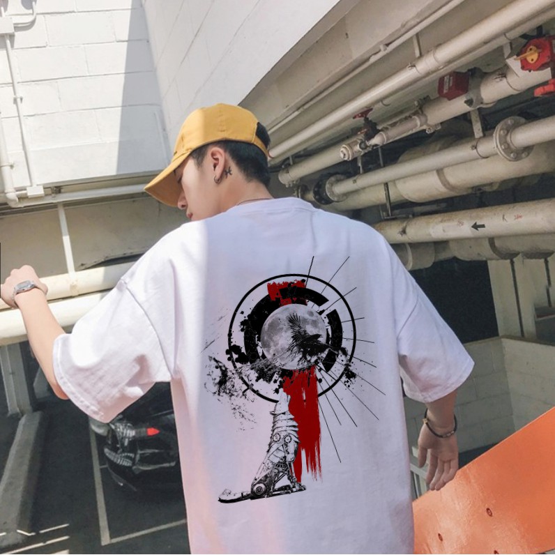 Sói Gọi Trăng Áo Thun thun tay lỡ nam nữ unisex Màu Trắng Sành Điệu basic | áo phông Thế Giới Máy Móc oversize