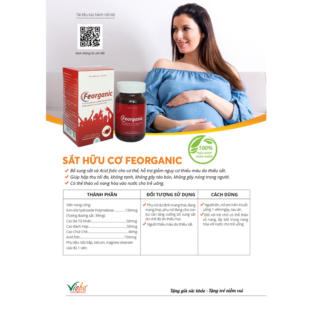 Sắt hữu cơ FEORGANIC Pharmatree 30 viên-Viên uống bổ sung sắt không gây táo bón, cải thiện tình trạng thiếu máu