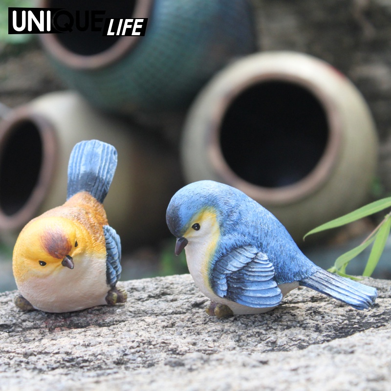 Set 2 Mô Hình Chim Bằng Nhựa Resin Màu Xanh Dương & Cam Vẽ Tay Yoyoyo01