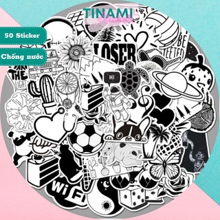 Bộ 50 Sticker hoạ tiết trắng đen hình dán điện thoại laptop nón bảo hiểm vali xe máy