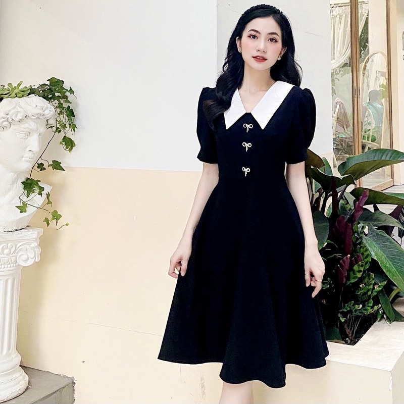 Váy xoè đính nơ cổ V chất trượt Hàn tôn dáng dễ mặc