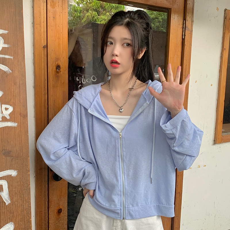 Áo khoác ngoài trùm đầu, áo hoodie mỏng nhẹ xinh xắn phong cách Hàn Quốc