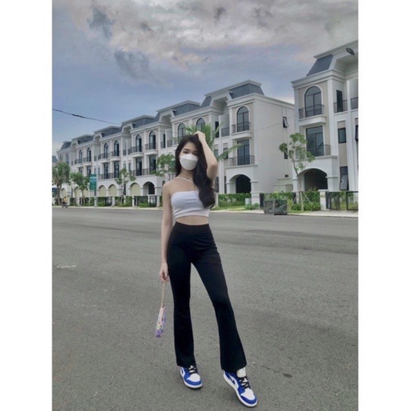 Quần legging ống loe cạp cao dáng dài, Quần legging lưng cao siêu tôn dáng co giãn tốt Okella