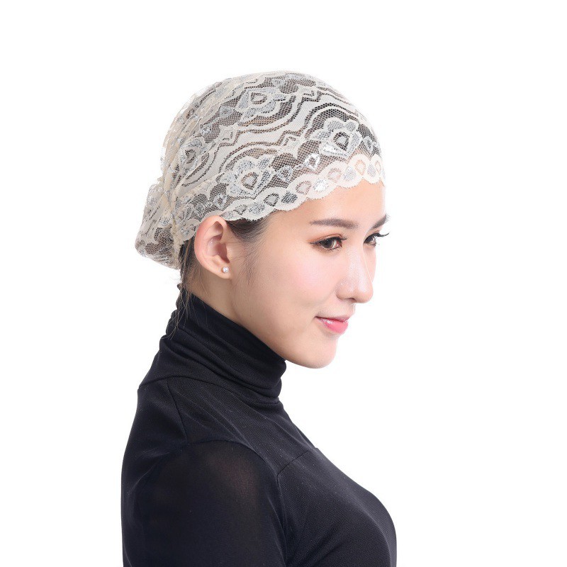 Mũ trùm đầu phối ren hoa phong cách Hồi giáo cho nữ