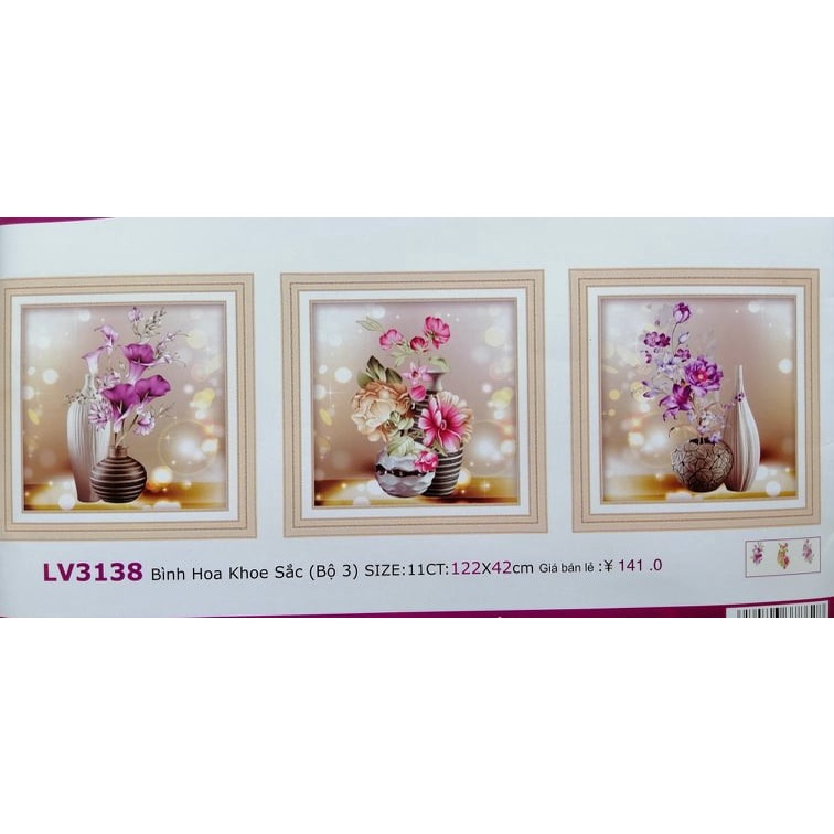 Tranh thêu chữ thập bình hoa 3 bức KT:122x42cm,tranh chưa thêu .Tặng kéo và xỏ chỉ