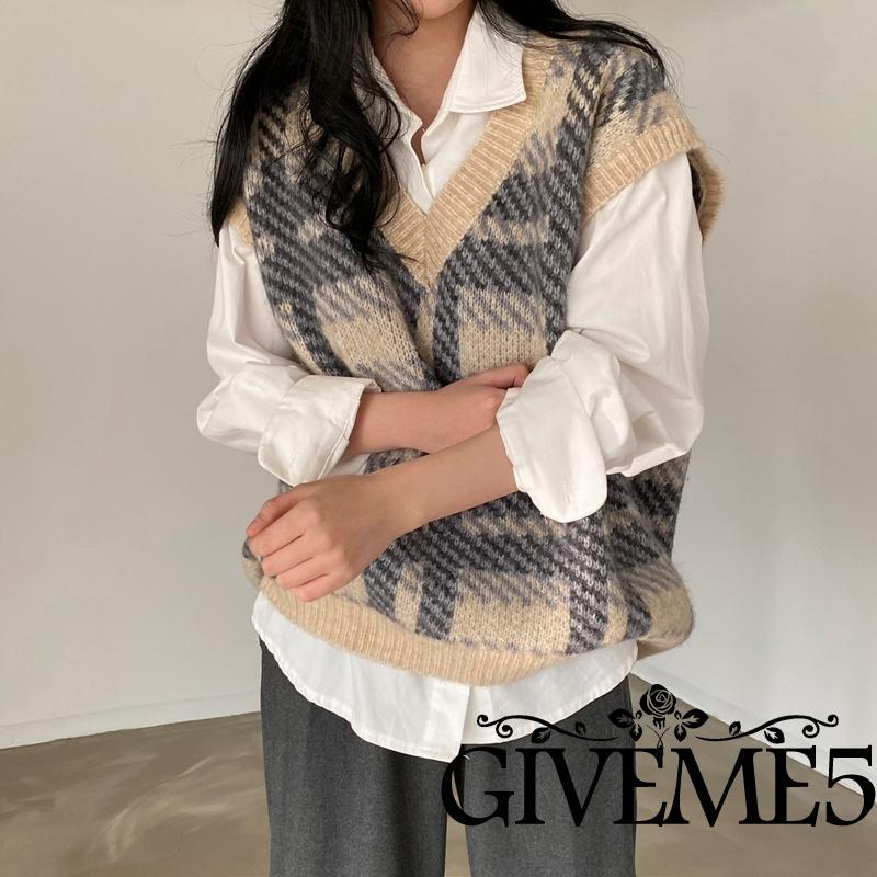 Áo len không tay cổ chữ V màu sắc vintage cho nữ