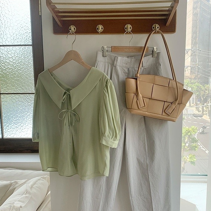 SUXI Áo Sơ Mi Chiffon Tay Ngắn Màu Sắc Trơn Đơn Giản Phong Cách Hàn Quốc